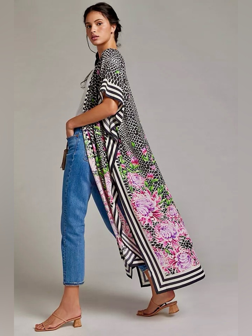 Anthropologie Mila Printed Duster Kimono Floral Boho Open Front Viscose One Size